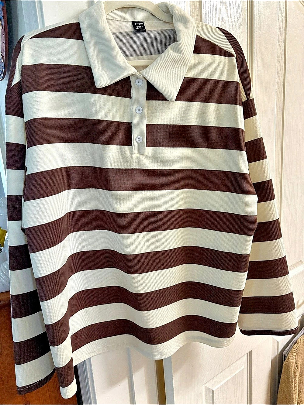 SHEIN Striped Polo Brown & White Large Like New
